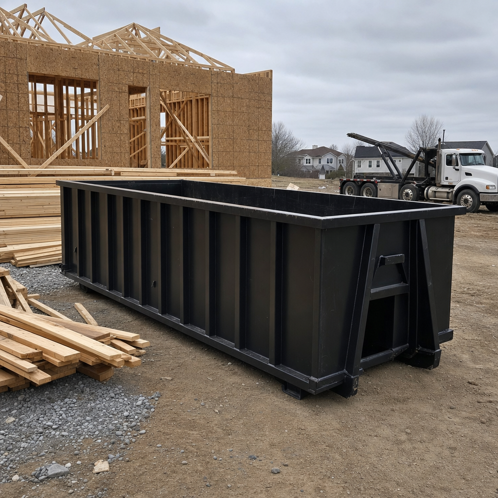 Matte-black 40-yard roll-off dumpster staged on a framed-out residential construction site in Port Saint Lucie, framing lumber stacked nearby, hooklift delivery truck visible in the background under bright Colorado daylight