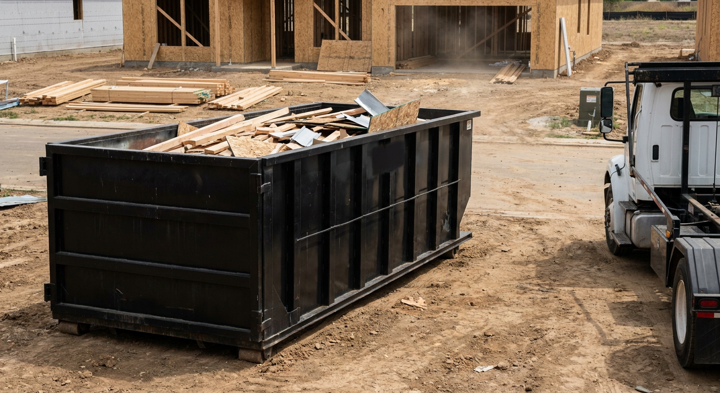 Matte-black 20-yard roll-off construction dumpster with heavy ribbed steel sidewalls and swing rear doors at a working jobsite in Port Saint Lucie, sitting directly on compacted dirt with an unmarked white hauler partially visible at the far edge of the frame.
