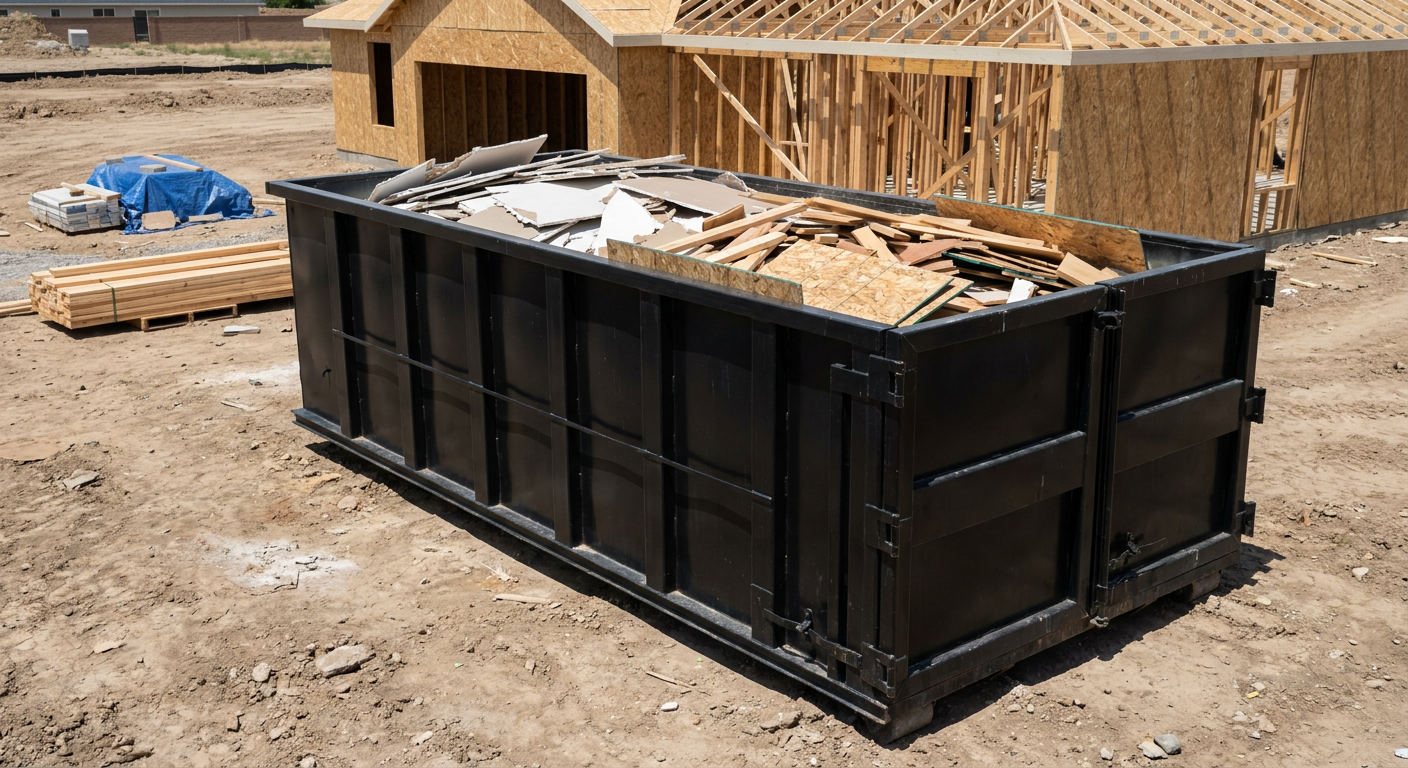 Matte-black 30-yard roll-off construction dumpster sitting directly on the compacted-dirt site of a framed single-family home build in Port Saint Lucie, drywall and lumber scrap loaded inside.