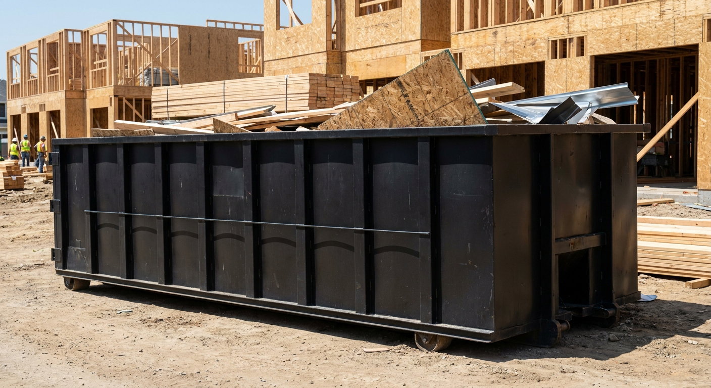 Matte-black 40-yard roll-off construction dumpster being lowered from a white-cab hooklift delivery truck onto the compacted-dirt jobsite at a commercial build site in Port Saint Lucie