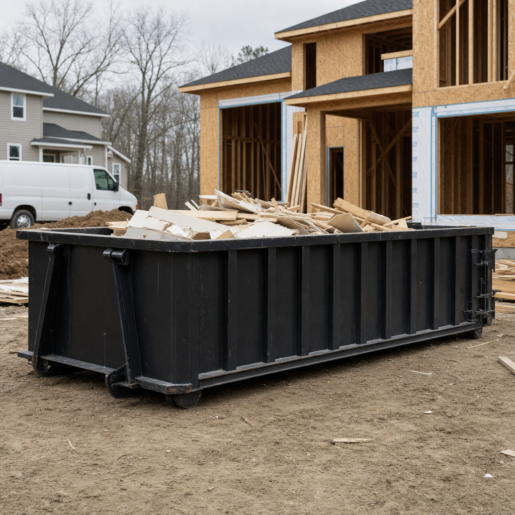 Worker in a yellow high-visibility vest tossing framing lumber and broken drywall into a matte-black 30-yard construction roll-off dumpster on an active build site in Port Saint Lucie, bright daylight