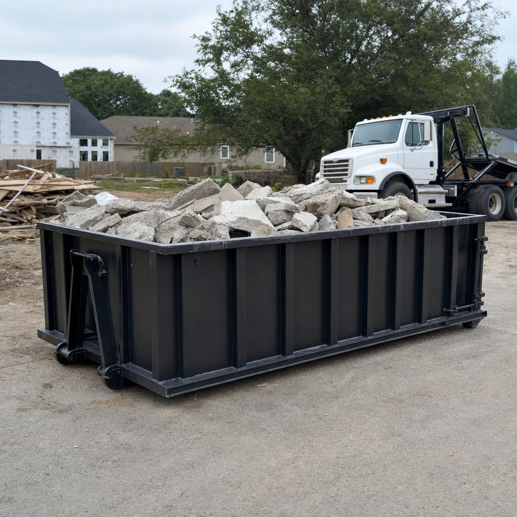 Low-profile matte-black lowboy roll-off dumpster loaded with broken concrete slab and rebar at a foundation tear-out in Port Saint Lucie, skid steer parked beside it, sunny Colorado morning