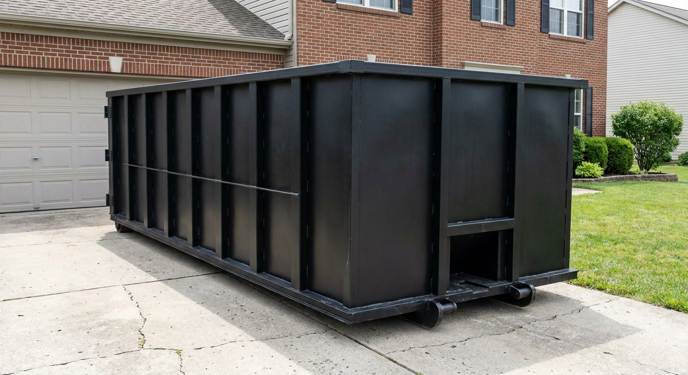 Matte-black 20-yard roll-off container on a Port Saint Lucie residential concrete driveway with reinforced ribbed steel sidewalls and a hinged rear walk-in door, clean bright daylight.
