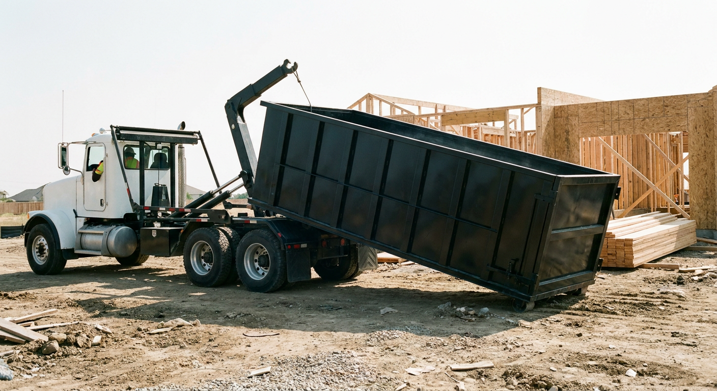 Matte-black roll-off dumpster being delivered onto a clean residential concrete driveway in Port Saint Lucie by an unmarked white hooklift hauler truck, bright morning daylight, documentary 35mm perspective.