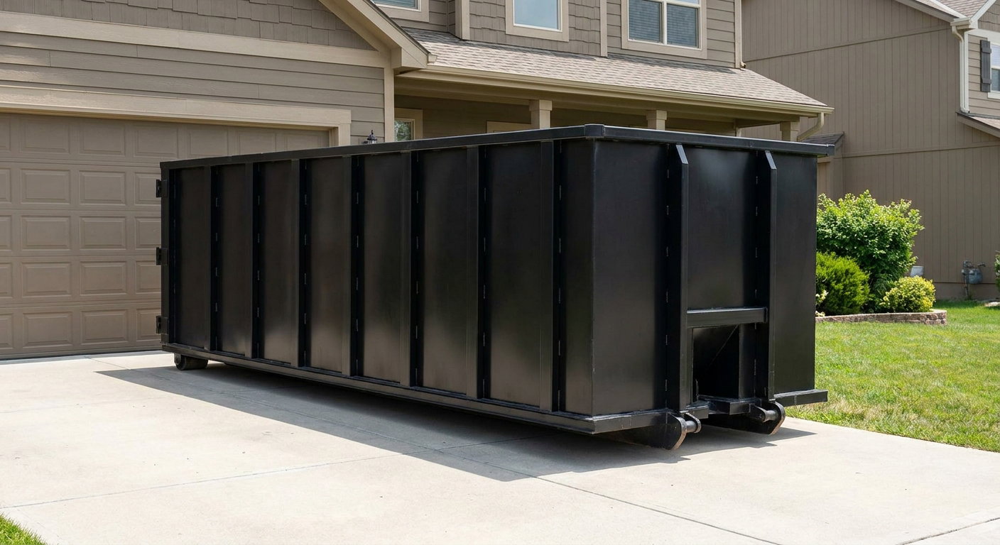 Matte-black residential roll-off dumpster sitting directly on a suburban Port Saint Lucie concrete driveway, garage door closed, single-family home in background, bright morning daylight.