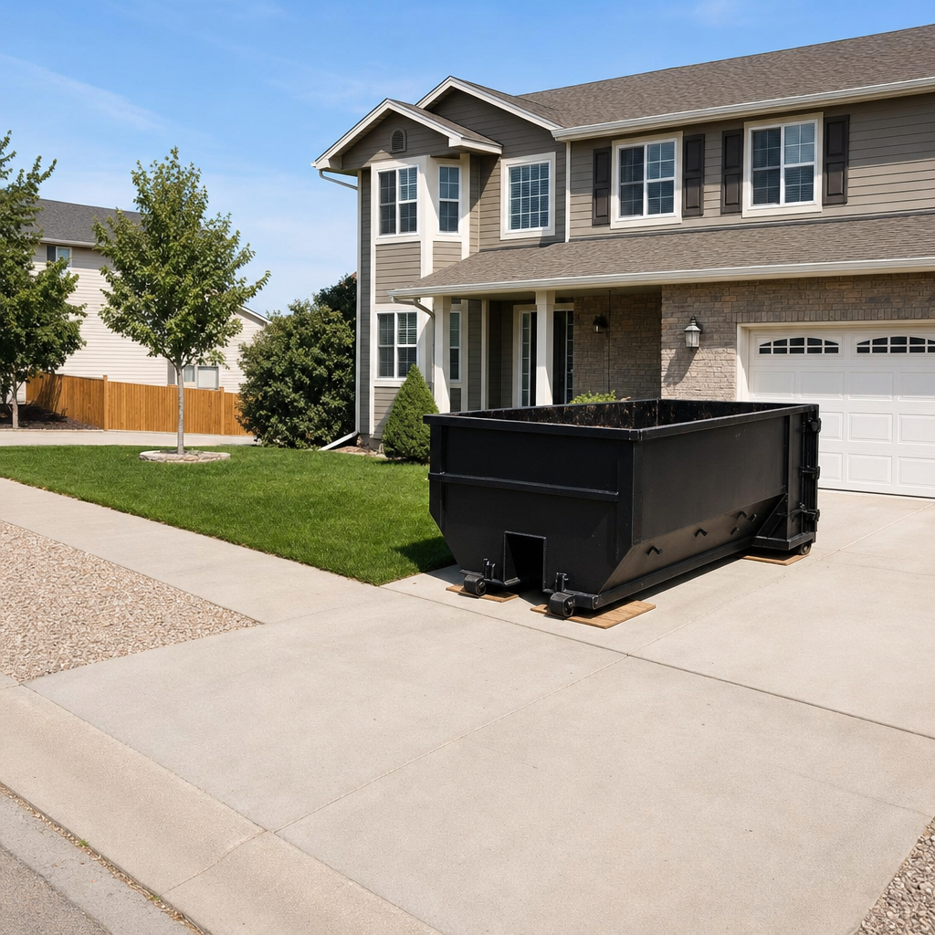 10-yard matte-black residential dumpster placed directly on a narrow Port Saint Lucie concrete driveway, room remains for a parked sedan beside it, mid-morning natural light