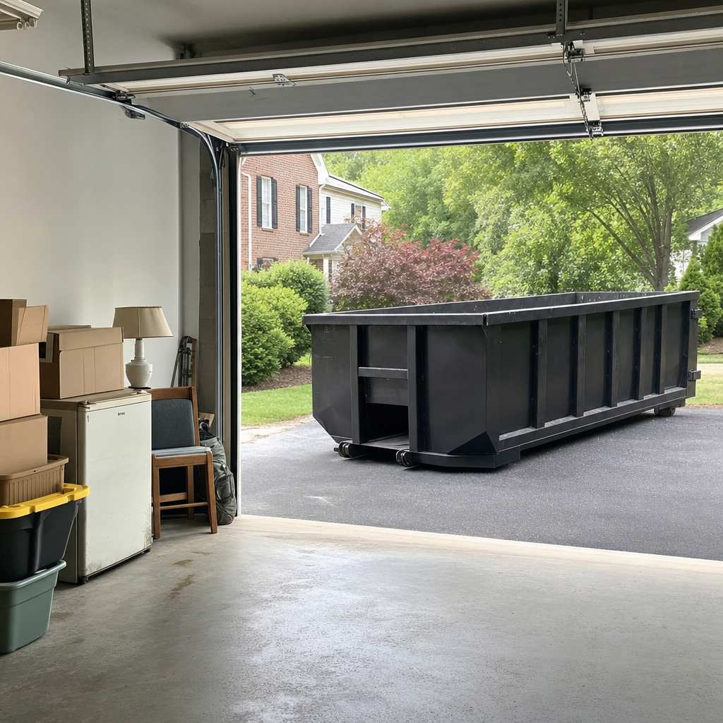 Open garage interior in a Port Saint Lucie home mid-cleanout — boxed items, an old appliance, and stacked yard tools queued near the driveway for a matte-black roll-off dumpster, organized and calm