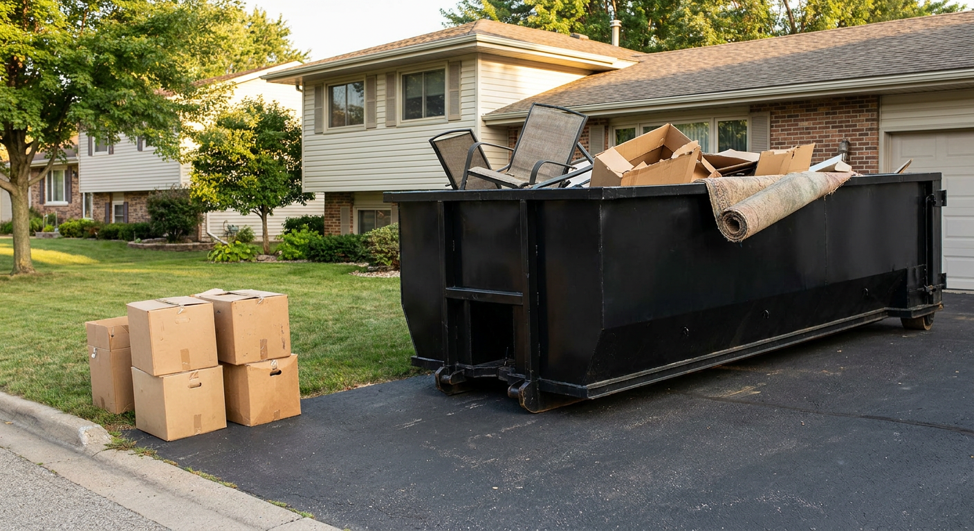 Front-yard view of a Port Saint Lucie split-level home with a 20-yard matte-black roll-off dumpster sitting directly on the asphalt driveway, a few clearly labeled donation boxes staged at the curb, calm sunny afternoon.