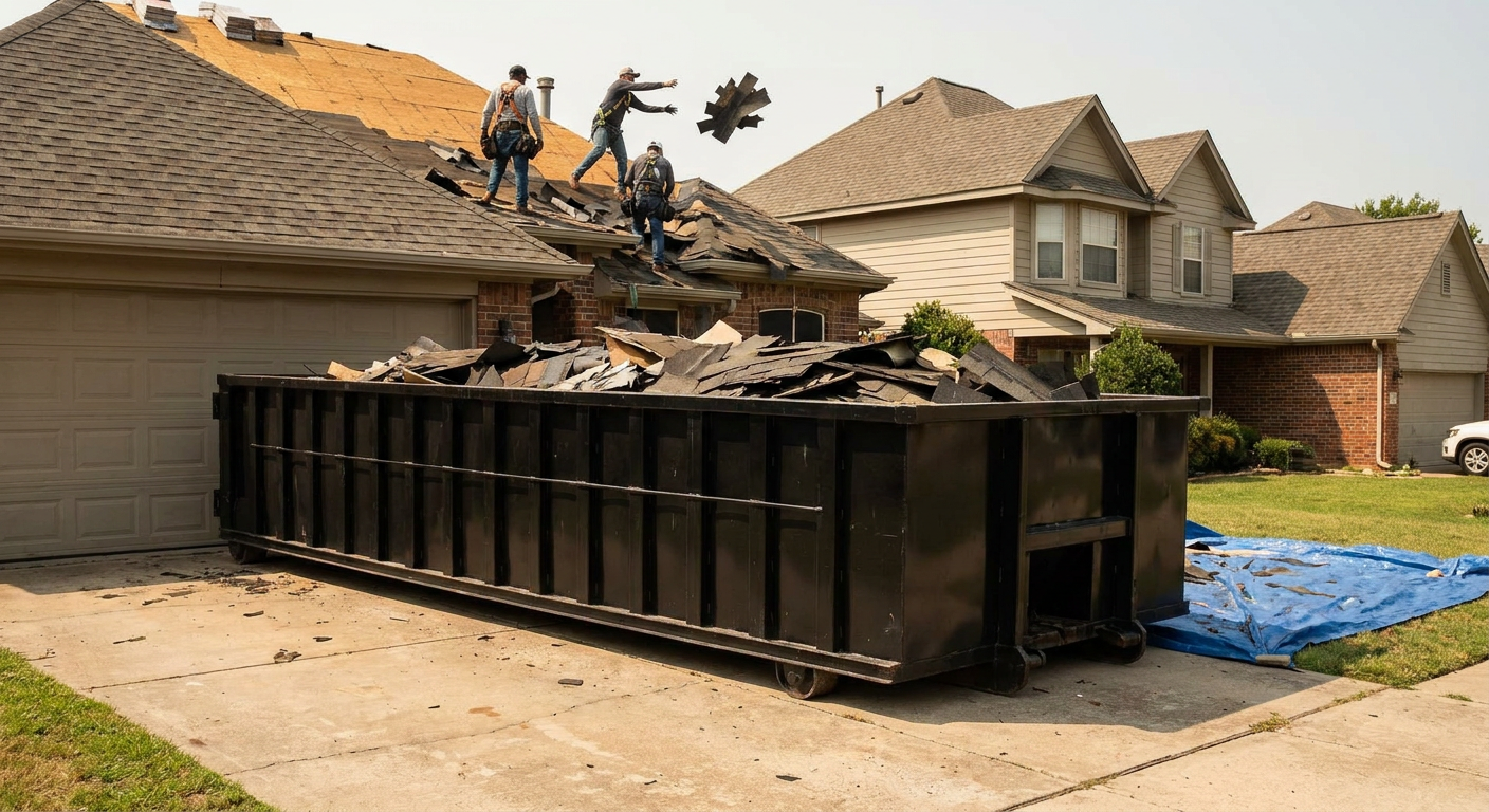 Matte-black roofing roll-off dumpster placed directly on a Port Saint Lucie residential concrete driveway, a tear-off crew on a two-story asphalt-shingle roof tossing shingle bundles into the low-walled container, bright daylight, documentary 35mm perspective.