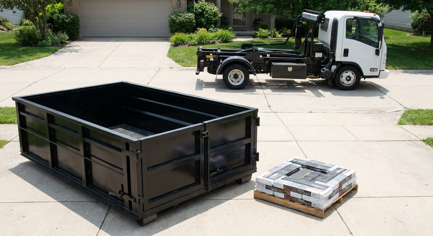 Matte-black 15-yard roofing roll-off dumpster with reinforced low side walls sitting directly on a Port Saint Lucie residential concrete driveway, three-tab asphalt shingle bundles stacked nearby, an unmarked white hauler truck partially visible at the edge of the frame.