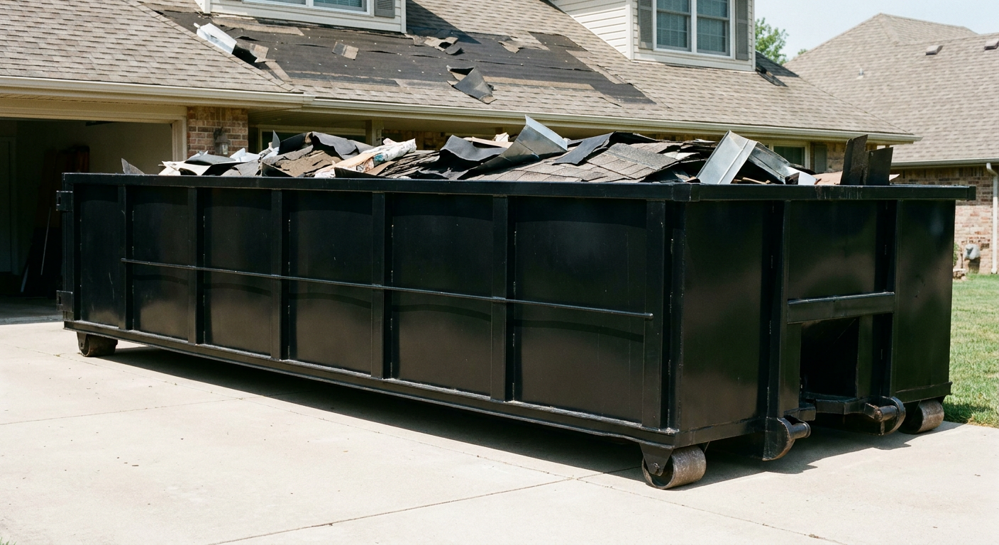 Matte-black 20-yard roofing roll-off dumpster with steel ribbed sides and swinging rear door, sitting directly on the concrete driveway of a two-story Port Saint Lucie home, asphalt shingle debris being loaded over the low wall, clean documentary lighting.