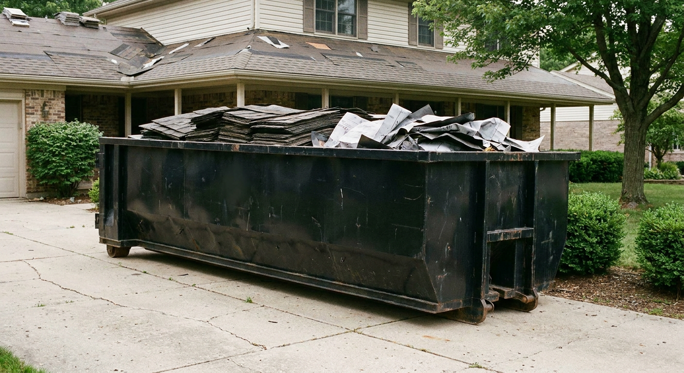 Matte-black 30-yard roofing roll-off dumpster sitting directly on a Port Saint Lucie concrete driveway, taller ribbed steel side panels, mixed tear-off debris of asphalt shingles and underlayment inside, professional documentary daylight.