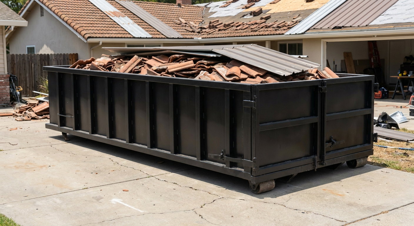 Matte-black low-wall heavy-debris roofing roll-off dumpster sitting directly on a Port Saint Lucie concrete driveway, broken concrete clay roof tiles and metal panel sections loaded inside, reinforced ribbed steel side walls visible, bright outdoor daylight.