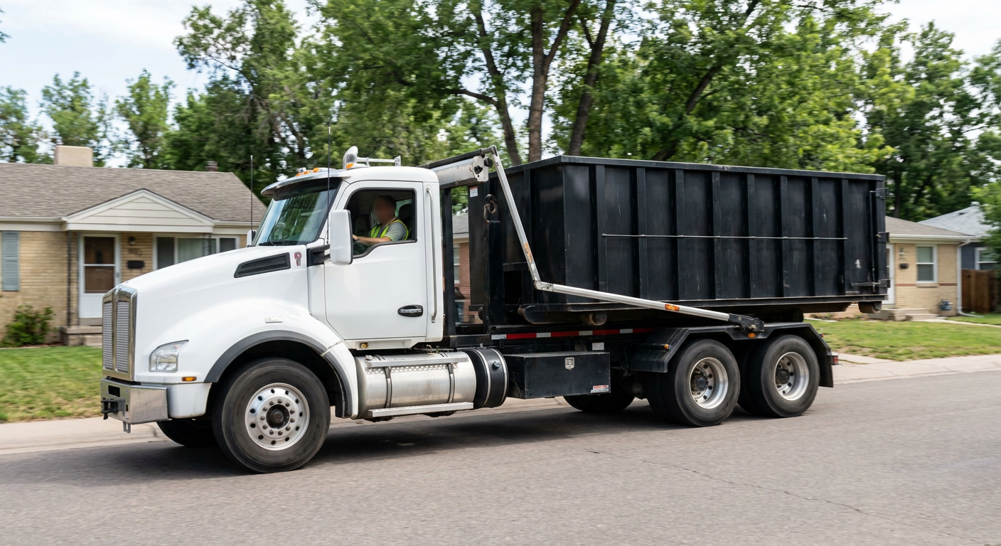 A wide documentary shot of a matte-black roll-off delivery truck pulling onto a quiet Port Saint Lucie residential street at mid-morning, with neighborhood rooftops and tree-lined blocks visible behind, showing the metro coverage footprint.