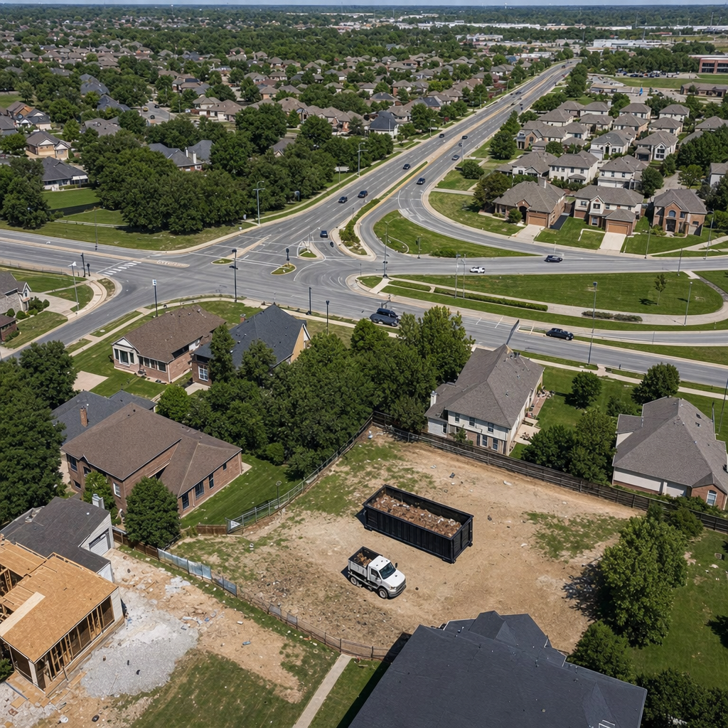 An overhead documentary view of the Port Saint Lucie metro area at midday, showing the spread of neighborhoods, arterial roads, and the dispatch radius from a central yard — clean daylight, organized geographic layout.