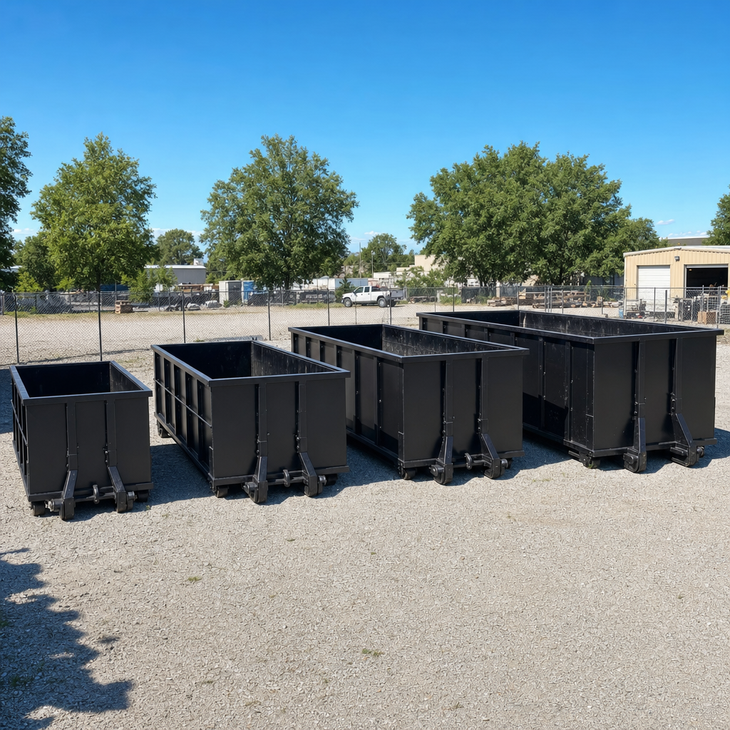 A clean lineup of matte-black roll-off dumpsters in 10, 20, 30, and 40-yard sizes staged on a sunlit gravel yard in Port Saint Lucie, showing the size progression from compact to commercial-scale containers.
