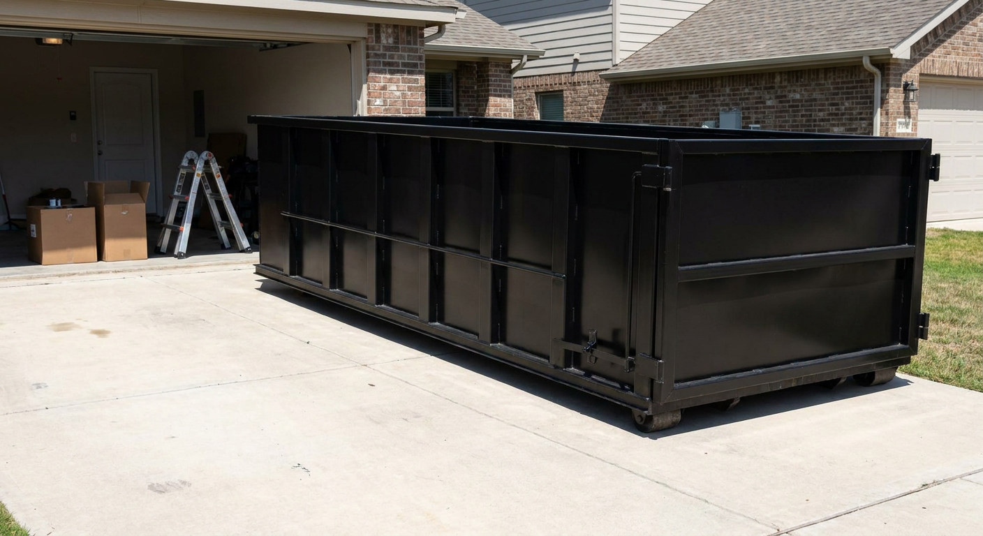 A matte-black 10-yard roll-off dumpster sitting directly on a residential Port Saint Lucie concrete driveway, mid-day sunlight, clean and ready for a garage cleanout.