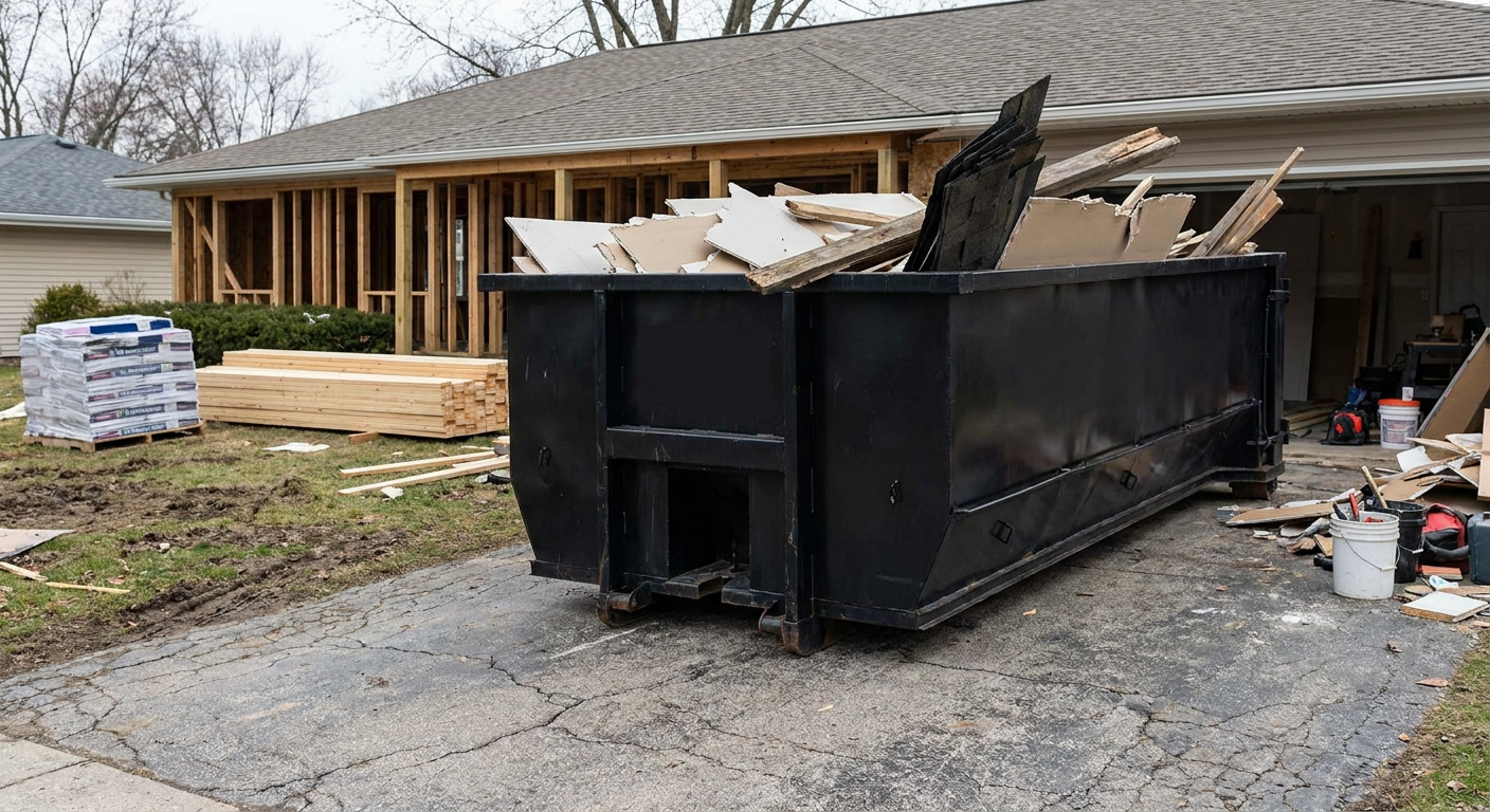 A matte-black 20-yard roll-off dumpster placed alongside a mid-renovation Port Saint Lucie home directly on the asphalt driveway, with framing materials and torn-off shingles staged neatly nearby.
