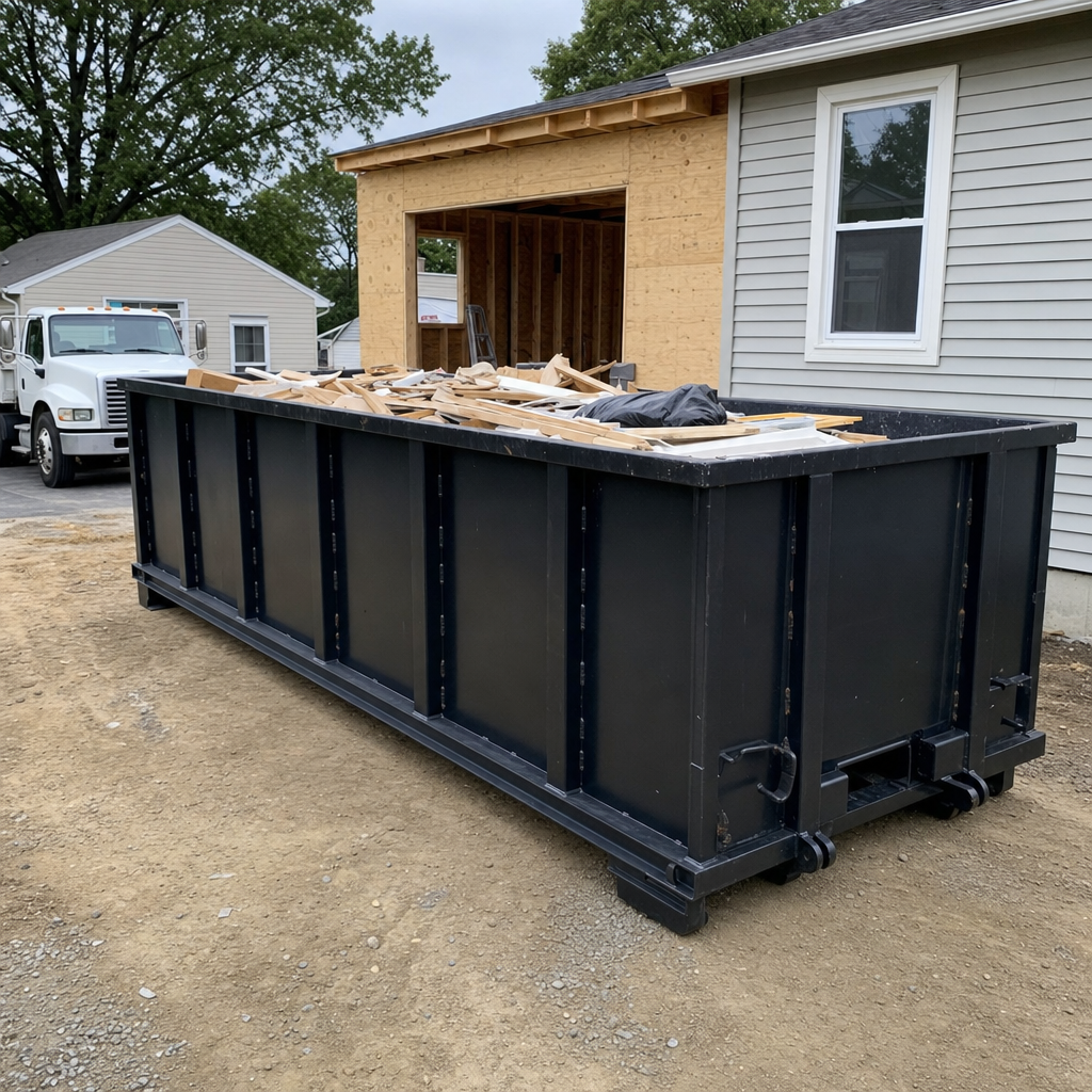 A matte-black 30-yard roll-off dumpster positioned at a Port Saint Lucie residential addition jobsite, with framing lumber and drywall scraps loaded through the open swinging rear doors.