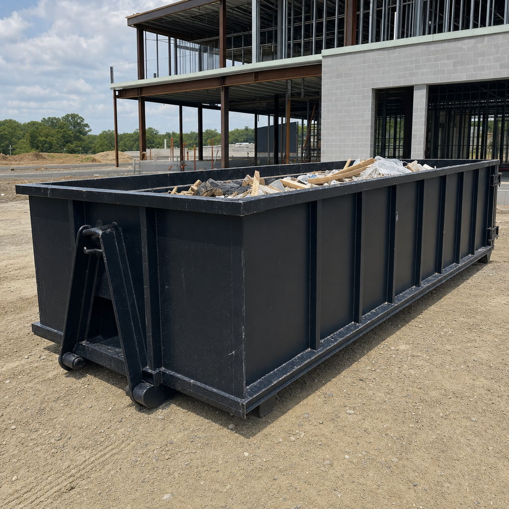 A matte-black 40-yard roll-off dumpster staged on a large Port Saint Lucie commercial construction lot, with a hooklift delivery truck parked alongside under bright midday sky.