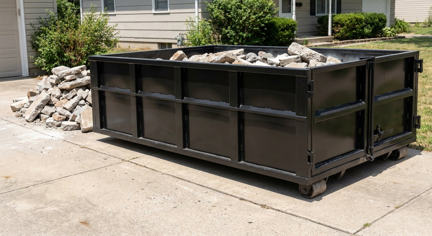 A matte-black low-side heavy-debris roll-off dumpster placed directly on a Port Saint Lucie concrete driveway, with broken concrete chunks neatly stacked beside it under clean daylight.